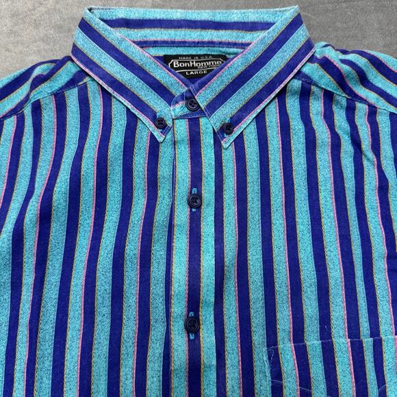 Vintage Bon Homme 80s/90s Striped Cotton Shirt Blue/Purple Button-Up Retro - Picture 2 of 5